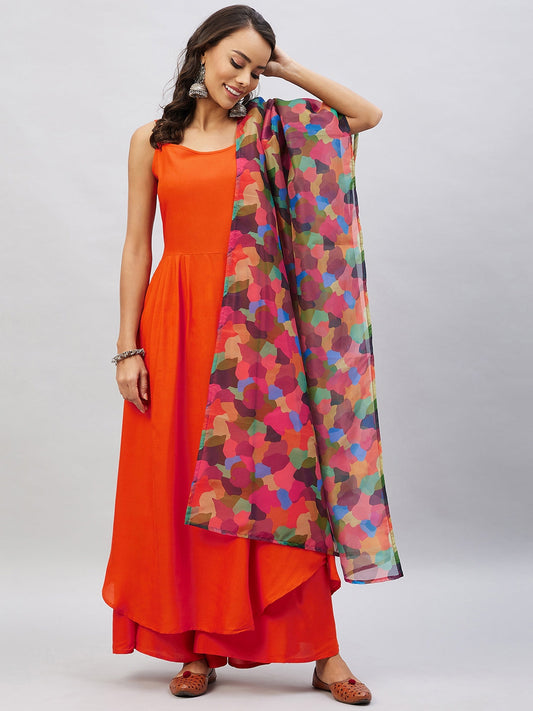 InWeave Women's Orange Strappy Set With Maroon Abstract Organza Dupatta - Swadesiicart