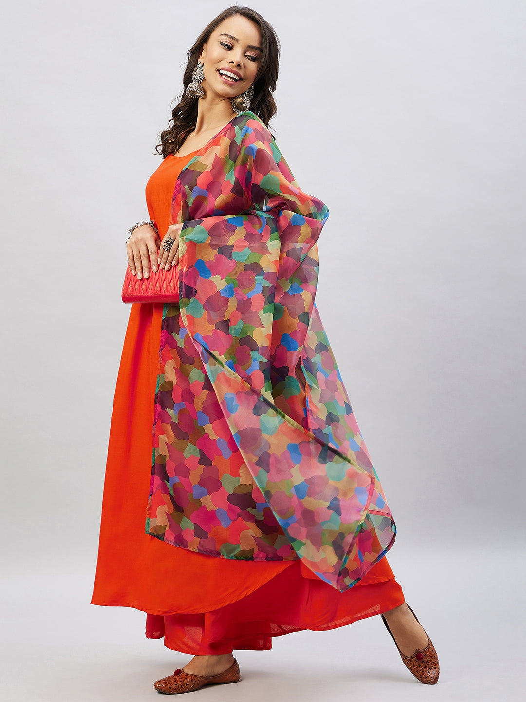 InWeave Women's Orange Strappy Set With Maroon Abstract Organza Dupatta - Swadesiicart