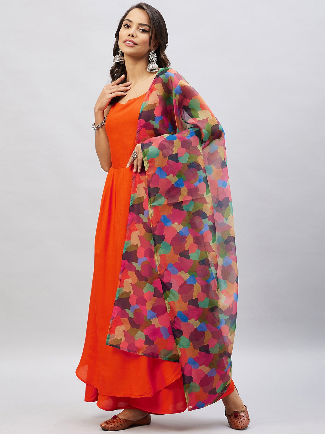InWeave Women's Orange Strappy Set With Maroon Abstract Organza Dupatta - Swadesiicart