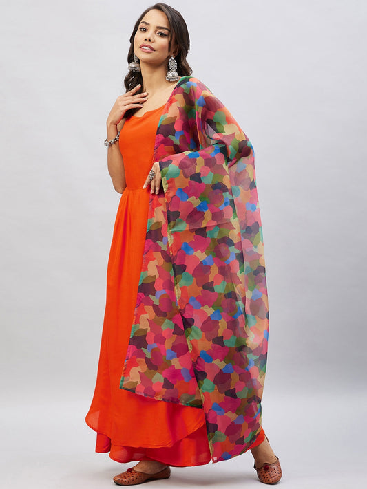 InWeave Women's Orange Strappy Set With Maroon Abstract Organza Dupatta - Swadesiicart