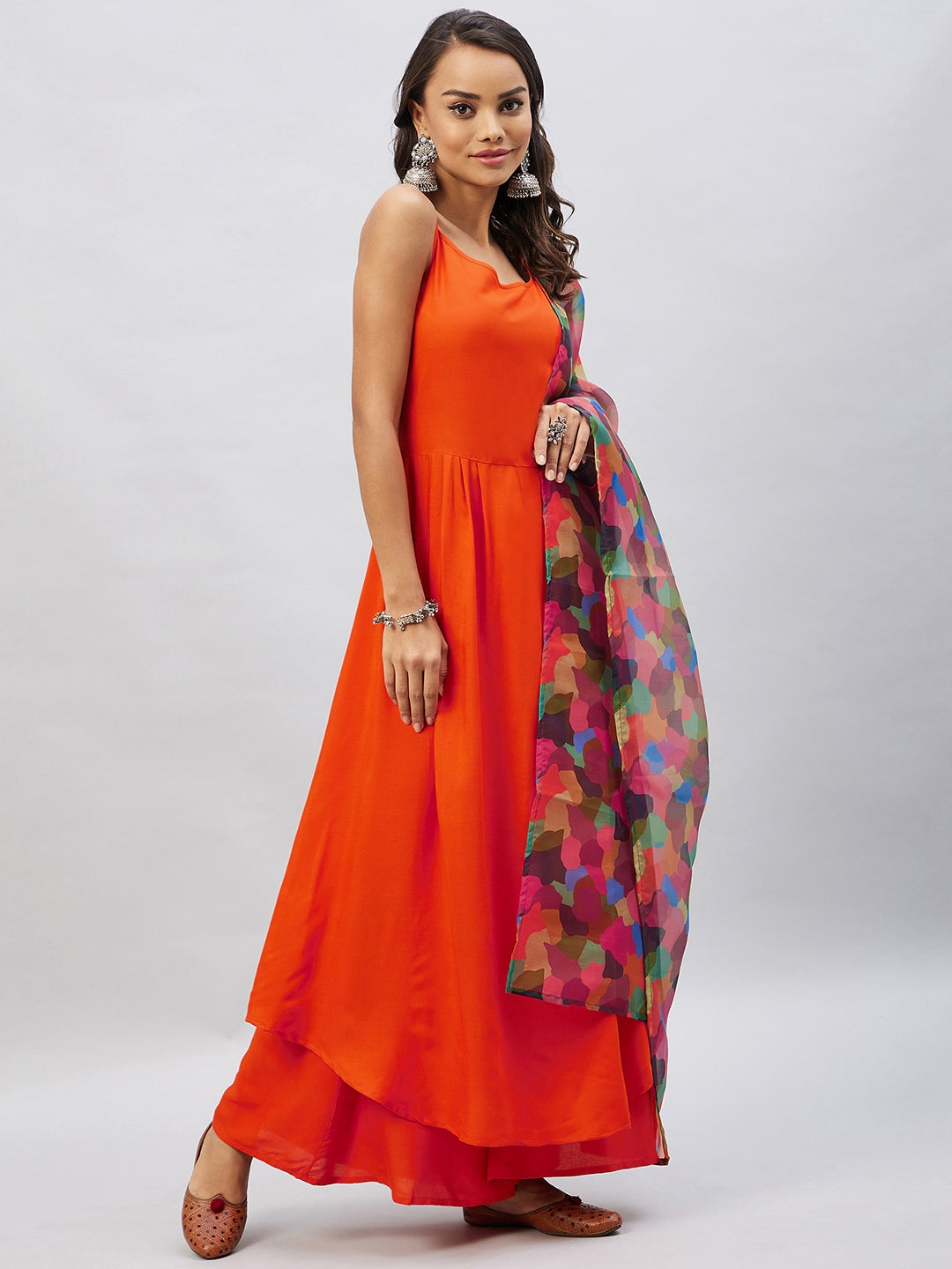 InWeave Women's Orange Strappy Set With Maroon Abstract Organza Dupatta - Swadesiicart