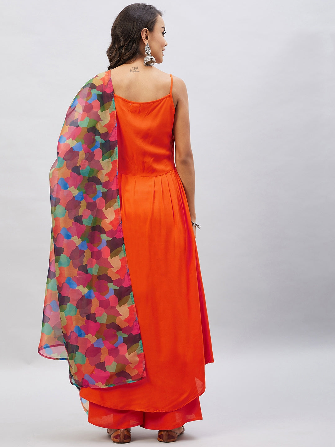 InWeave Women's Orange Strappy Set With Maroon Abstract Organza Dupatta - Swadesiicart