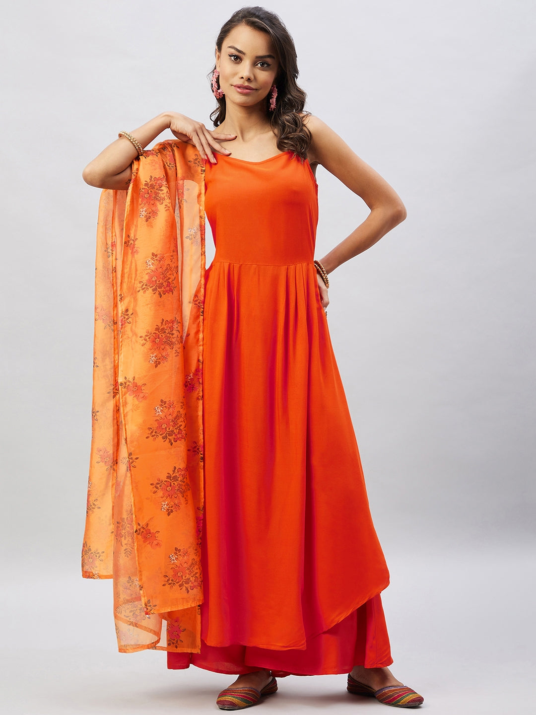 InWeave Women's Orange Strappy Set With Mustard Floral Organza Dupatta - Swadesiicart