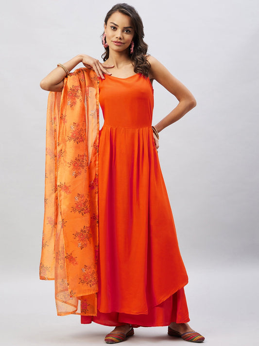 InWeave Women's Orange Strappy Set With Mustard Floral Organza Dupatta - Swadesiicart