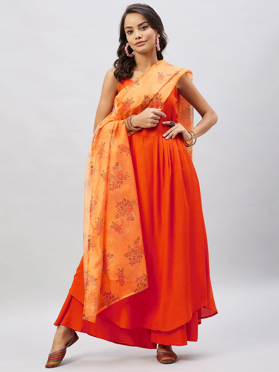 InWeave Women's Orange Strappy Set With Mustard Floral Organza Dupatta - Swadesiicart