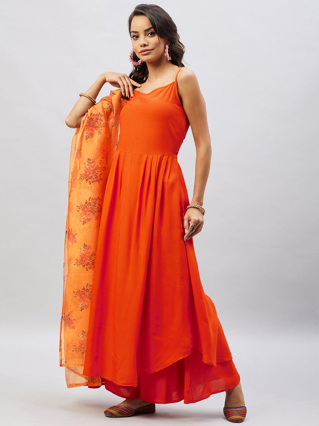 InWeave Women's Orange Strappy Set With Mustard Floral Organza Dupatta - Swadesiicart