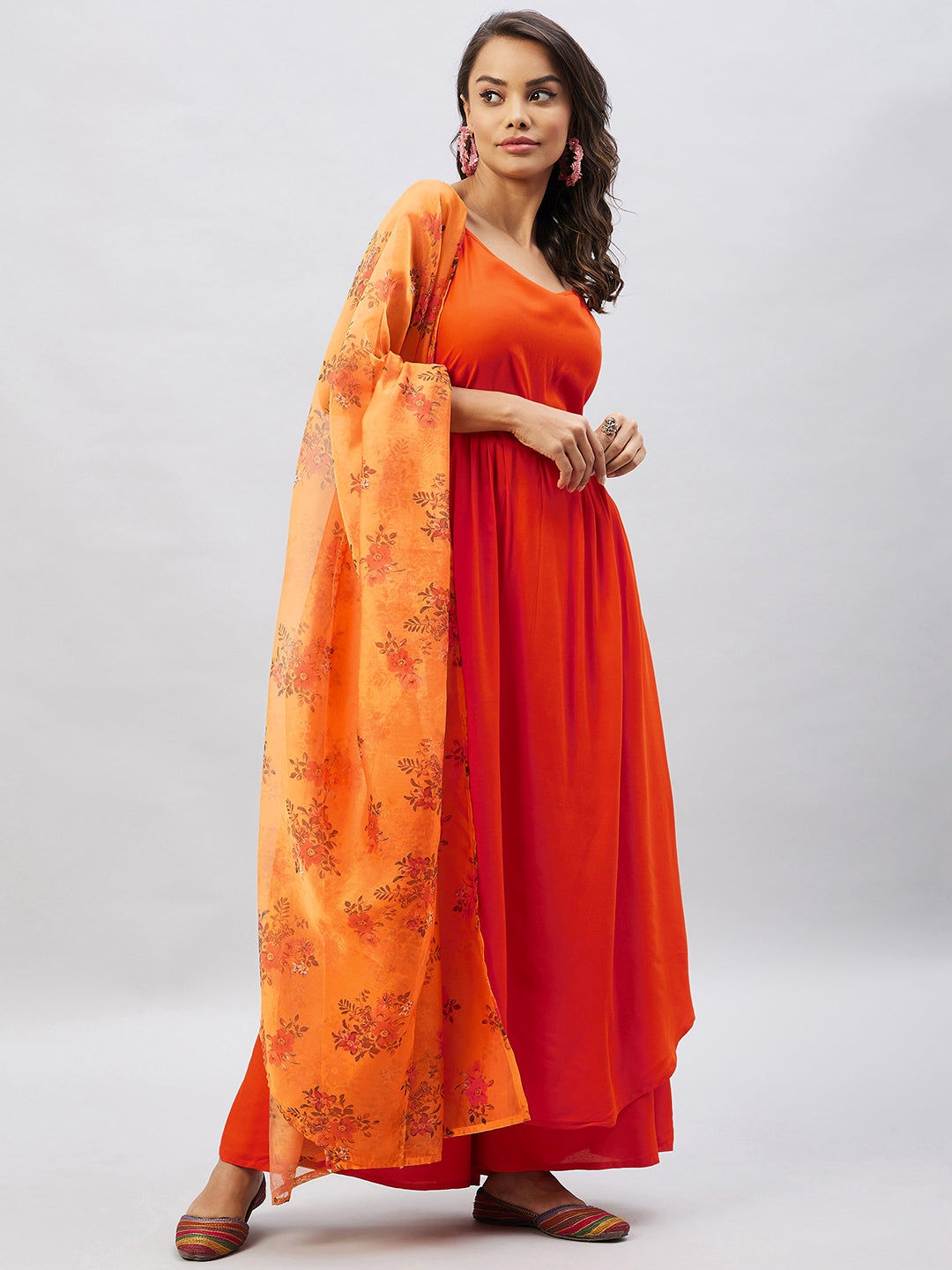 InWeave Women's Orange Strappy Set With Mustard Floral Organza Dupatta - Swadesiicart