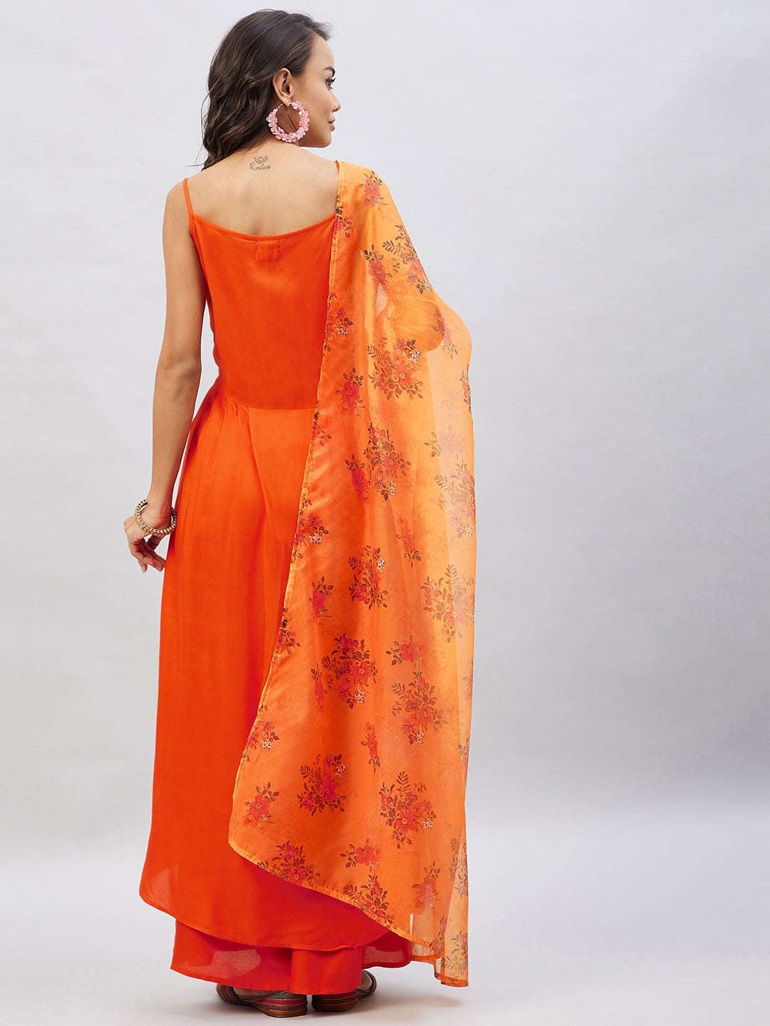 InWeave Women's Orange Strappy Set With Mustard Floral Organza Dupatta - Swadesiicart