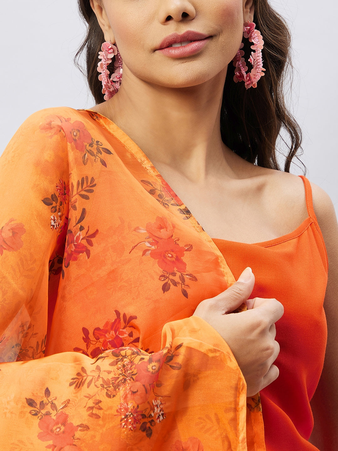 InWeave Women's Orange Strappy Set With Mustard Floral Organza Dupatta - Swadesiicart