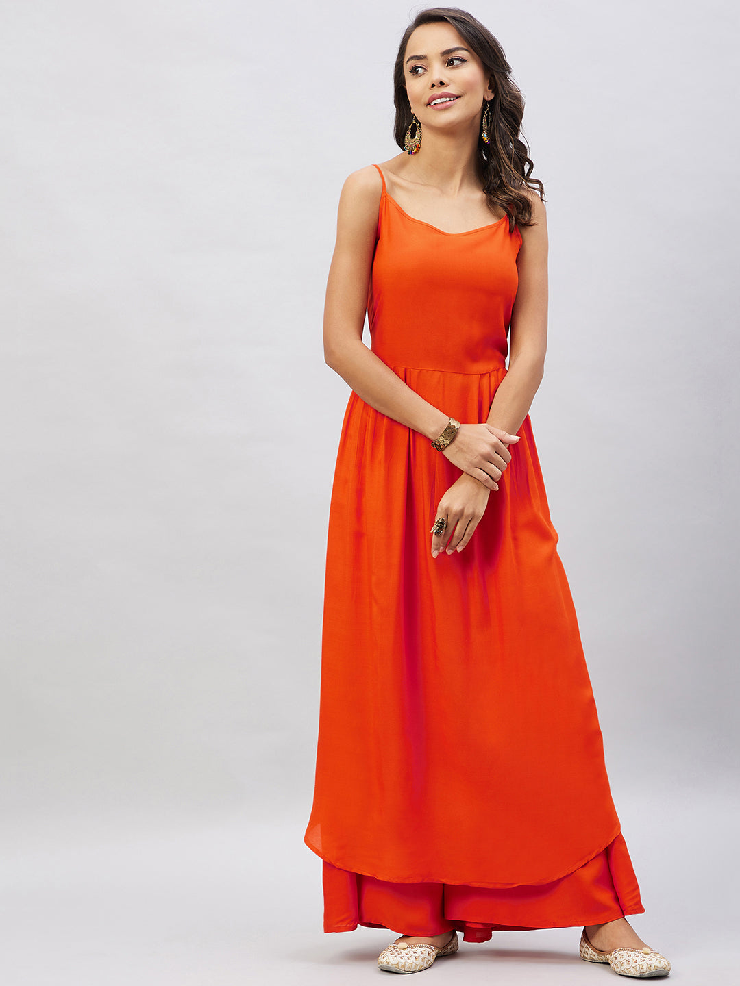 InWeave Women's Solid Orange Strappy Kurta Set - Swadesiicart