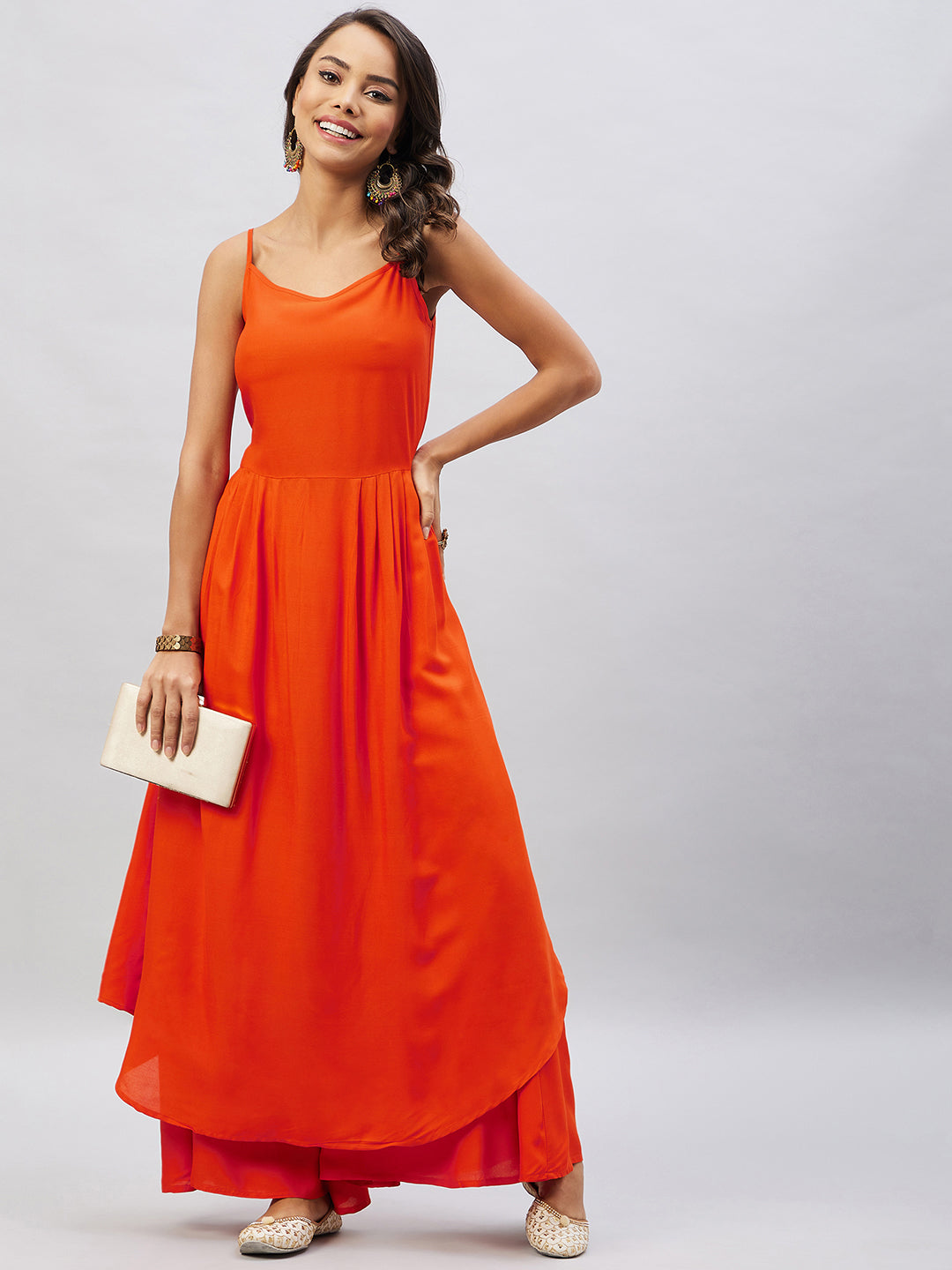 InWeave Women's Solid Orange Strappy Kurta Set - Swadesiicart