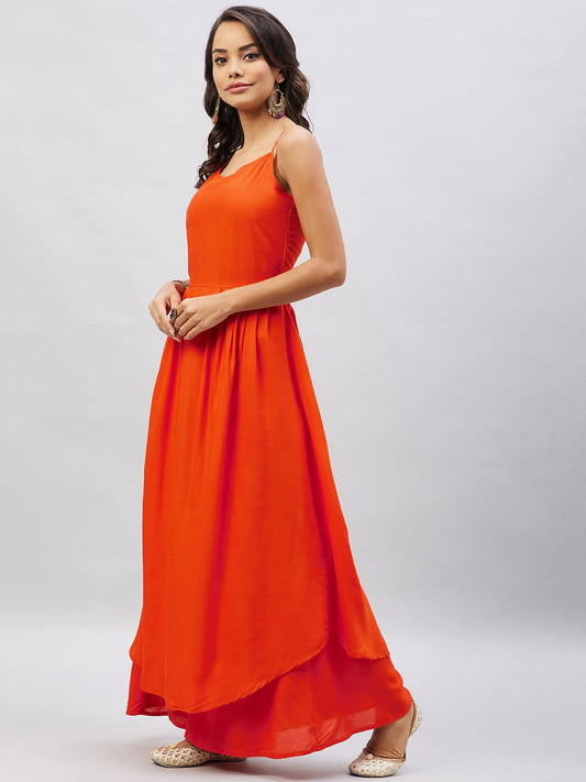 InWeave Women's Solid Orange Strappy Kurta Set - Swadesiicart