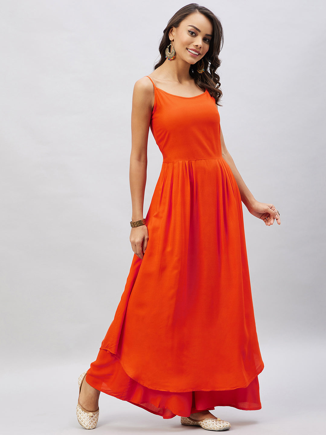 InWeave Women's Solid Orange Strappy Kurta Set - Swadesiicart