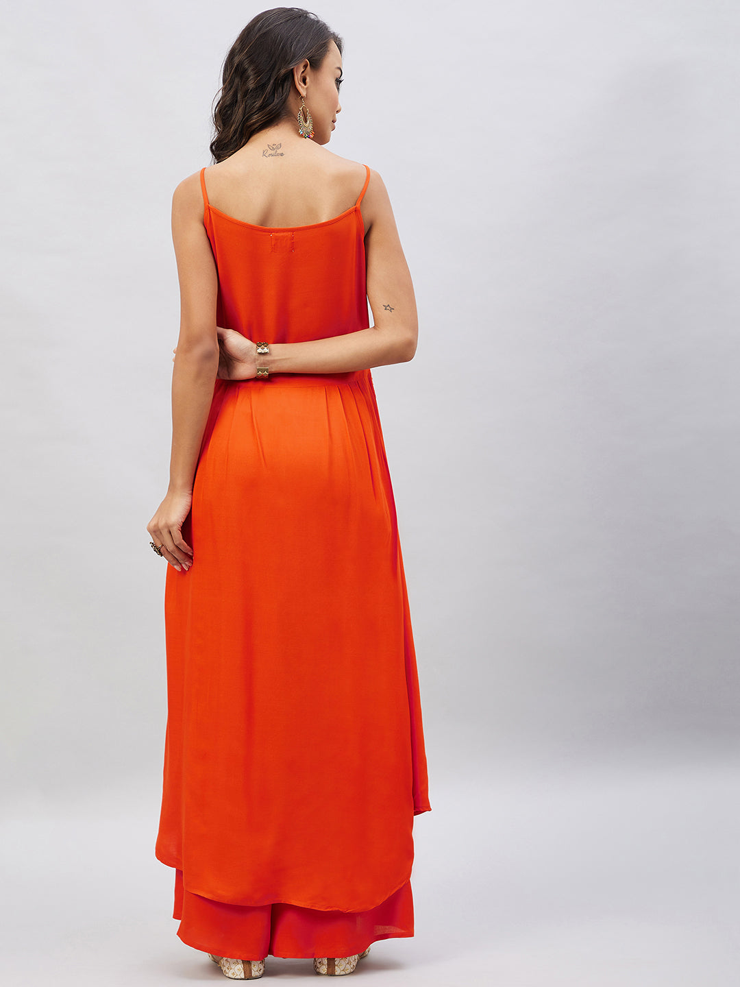 InWeave Women's Solid Orange Strappy Kurta Set - Swadesiicart