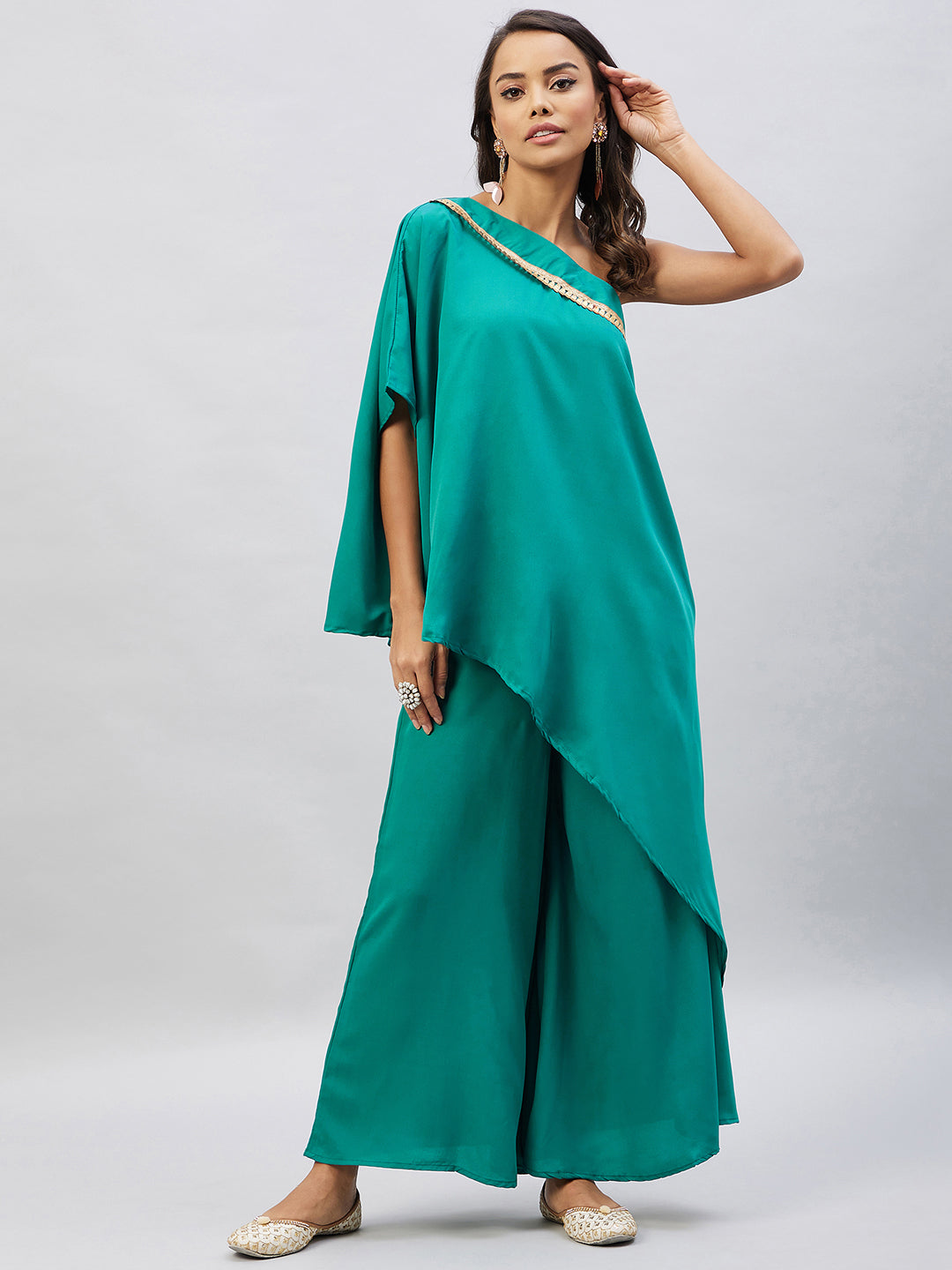 InWeave Women's Teal One Shoulder Kurta Set With Gota Work - Swadesiicart