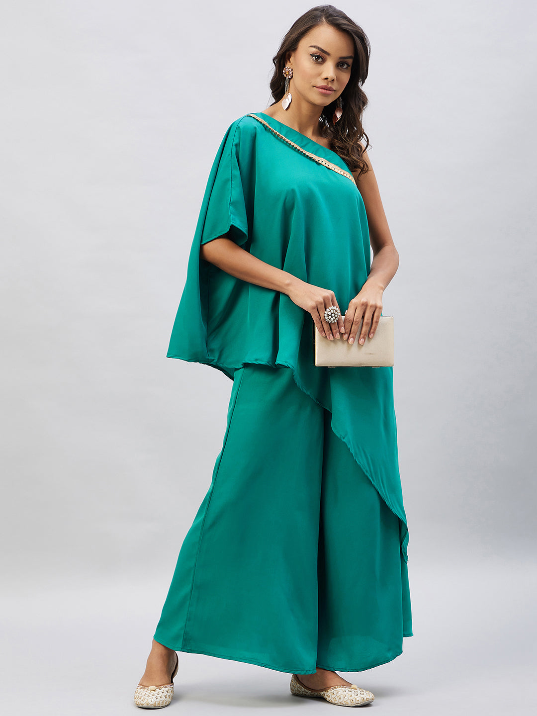 InWeave Women's Teal One Shoulder Kurta Set With Gota Work - Swadesiicart