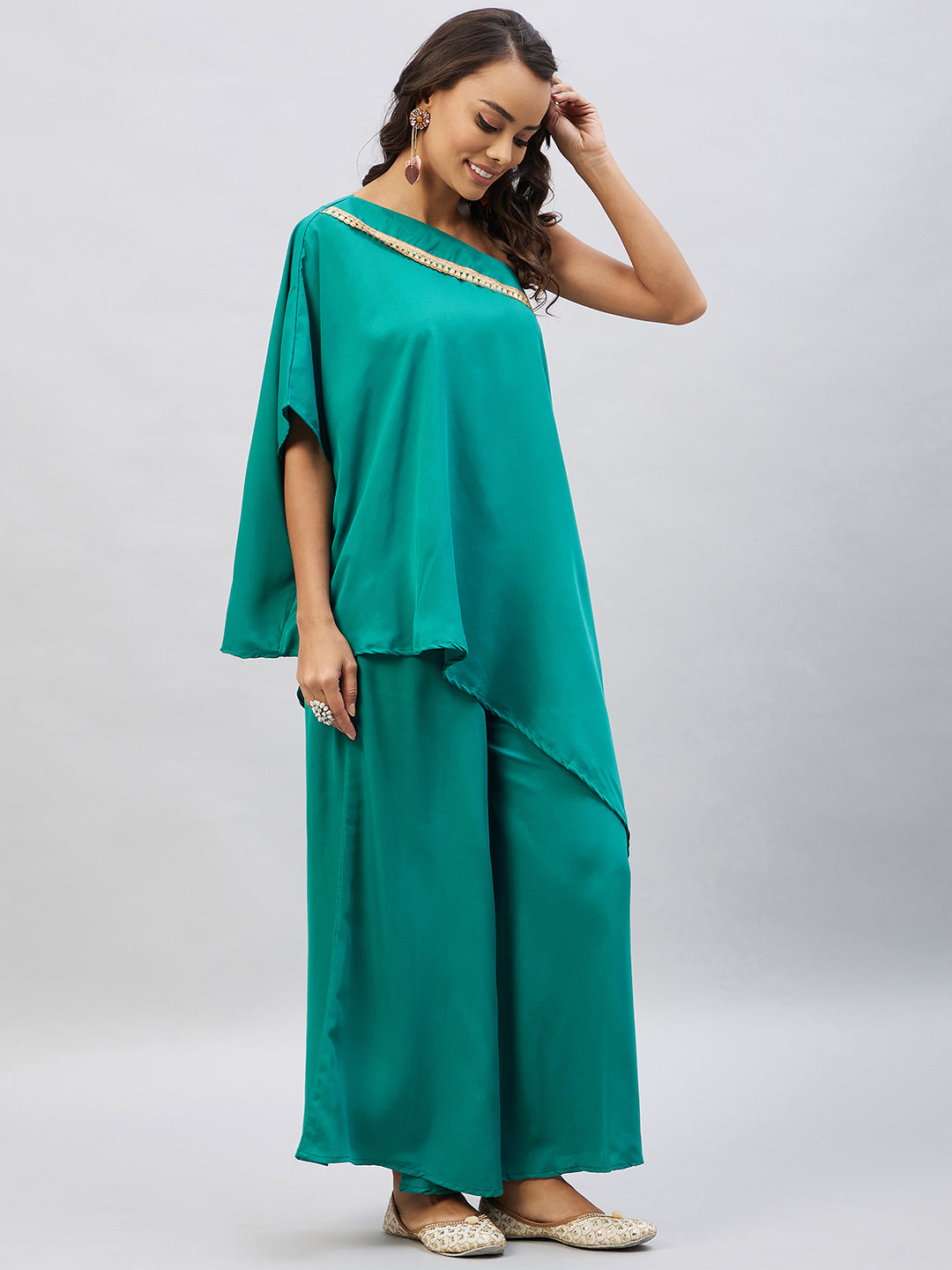 InWeave Women's Teal One Shoulder Kurta Set With Gota Work - Swadesiicart