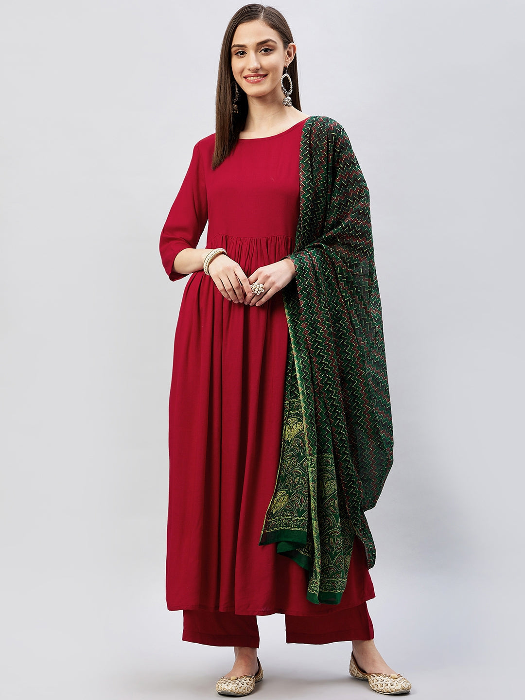 InWeave Women's Maroon Long Anarkali Kurta Set With Green Ajrakh Dupatta - Swadesiicart
