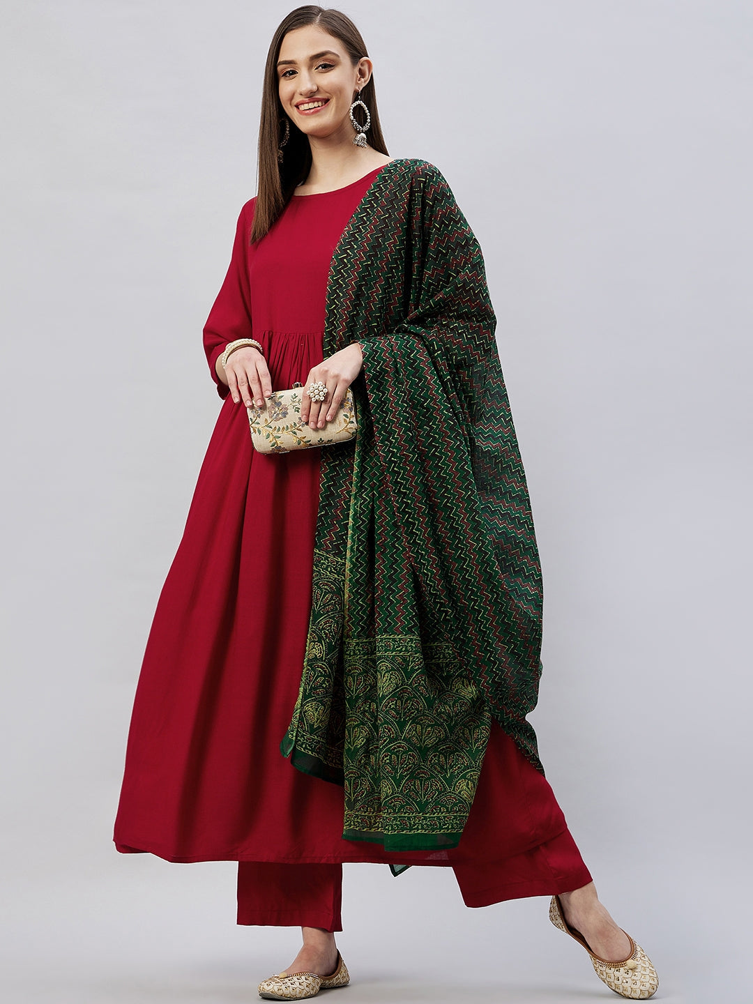 InWeave Women's Maroon Long Anarkali Kurta Set With Green Ajrakh Dupatta - Swadesiicart