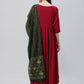 InWeave Women's Maroon Long Anarkali Kurta Set With Green Ajrakh Dupatta - Swadesiicart