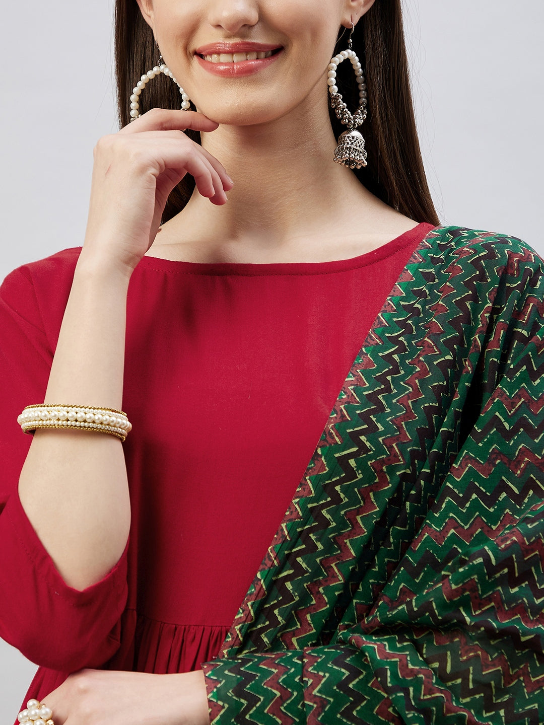 InWeave Women's Maroon Long Anarkali Kurta Set With Green Ajrakh Dupatta - Swadesiicart