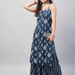 InWeave Women's Blue White Porcelien Print Spaghetti Kurta Palazzo Set - Swadesiicart