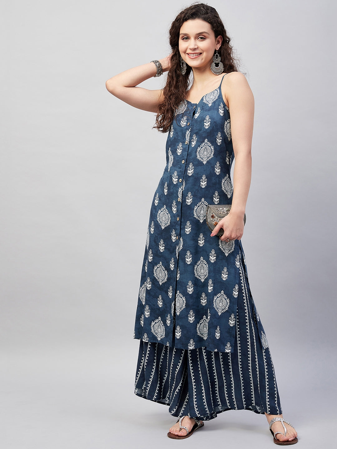 InWeave Women's Blue White Porcelien Print Spaghetti Kurta Palazzo Set - Swadesiicart