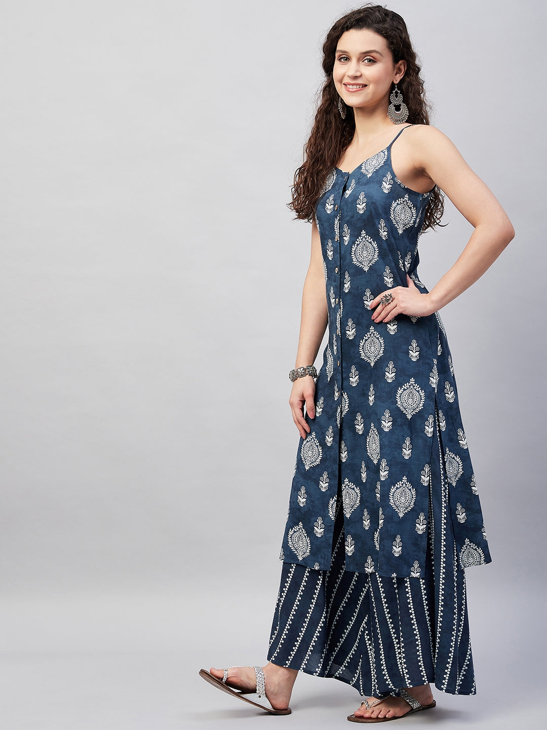 InWeave Women's Blue White Porcelien Print Spaghetti Kurta Palazzo Set - Swadesiicart