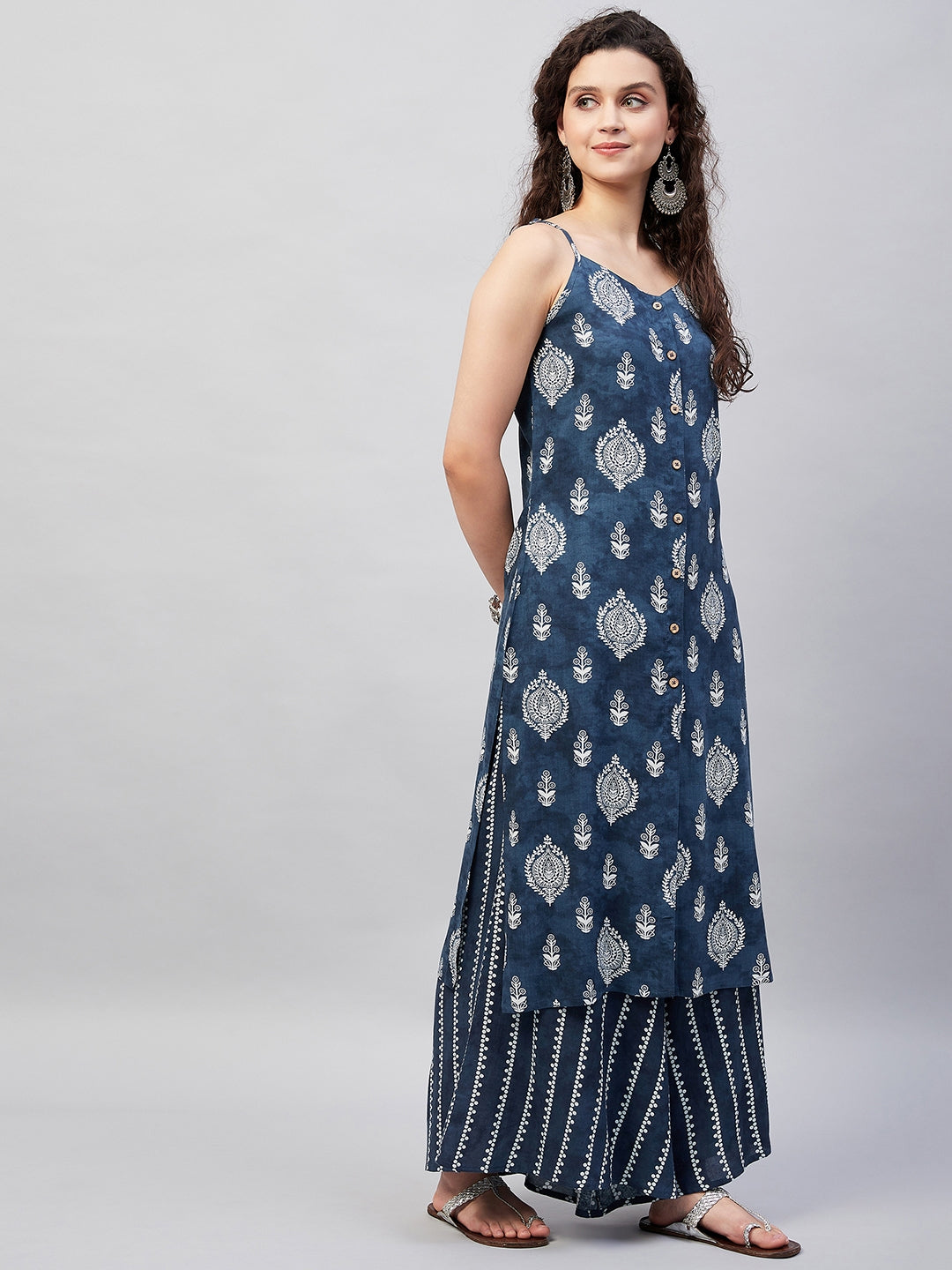 InWeave Women's Blue White Porcelien Print Spaghetti Kurta Palazzo Set - Swadesiicart