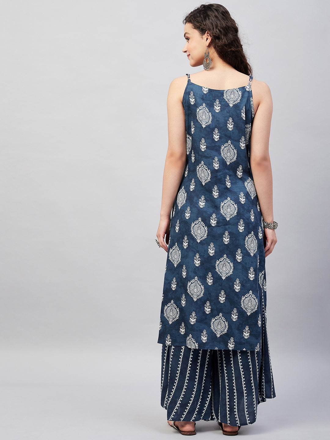 InWeave Women's Blue White Porcelien Print Spaghetti Kurta Palazzo Set - Swadesiicart