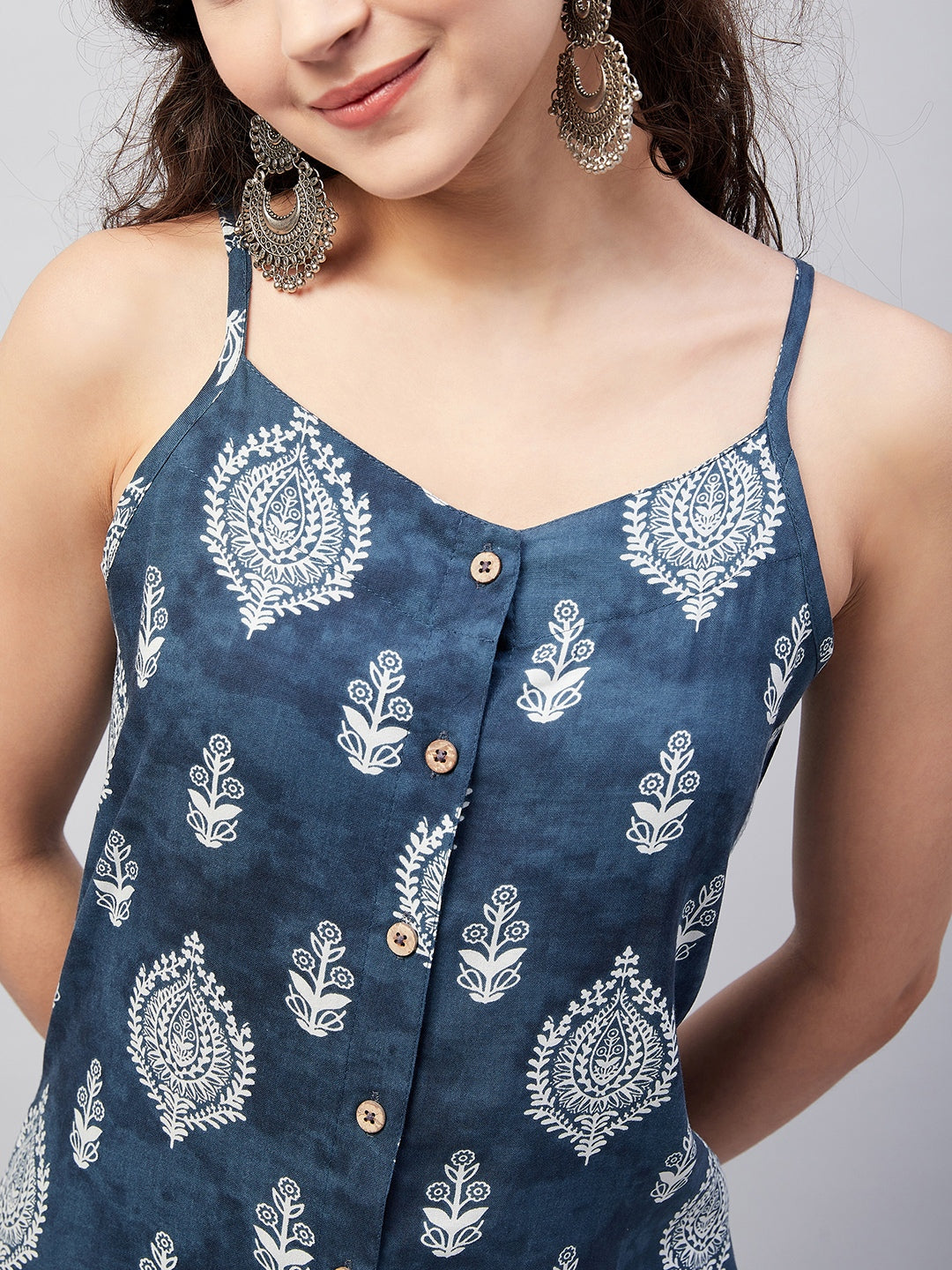 InWeave Women's Blue White Porcelien Print Spaghetti Kurta Palazzo Set - Swadesiicart