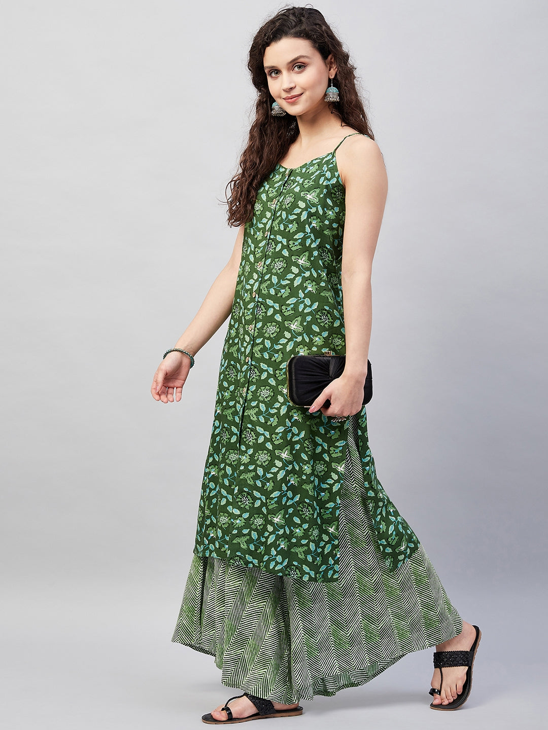 InWeave Women's Green Bagh Print Spaghetti Kurta Zig Zag Palazzo Set - Swadesiicart
