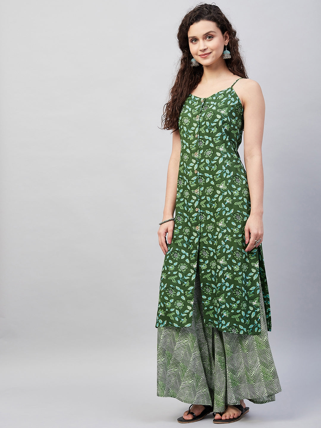 InWeave Women's Green Bagh Print Spaghetti Kurta Zig Zag Palazzo Set - Swadesiicart