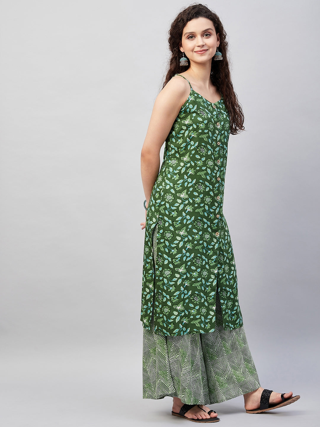 InWeave Women's Green Bagh Print Spaghetti Kurta Zig Zag Palazzo Set - Swadesiicart