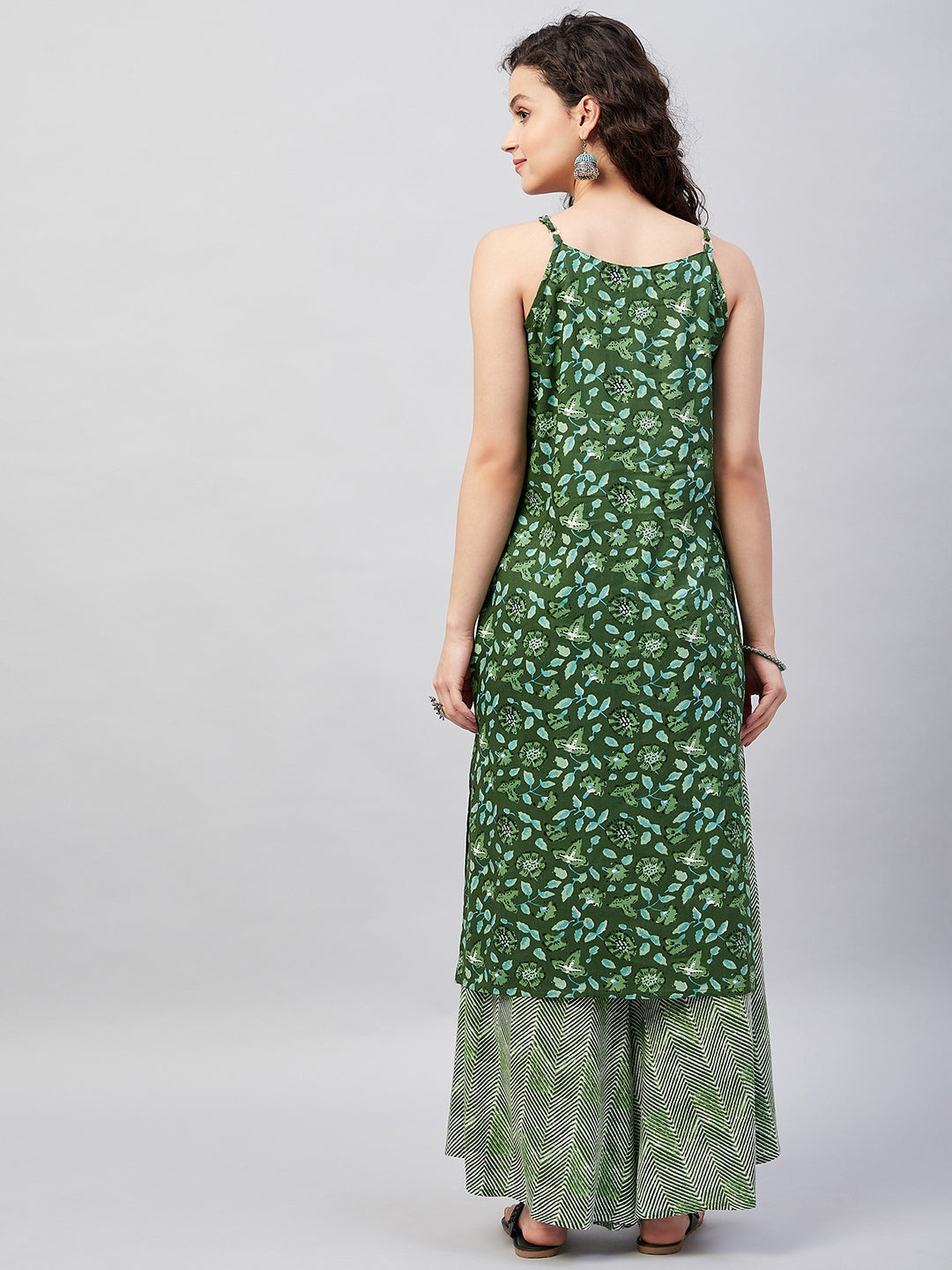 InWeave Women's Green Bagh Print Spaghetti Kurta Zig Zag Palazzo Set - Swadesiicart