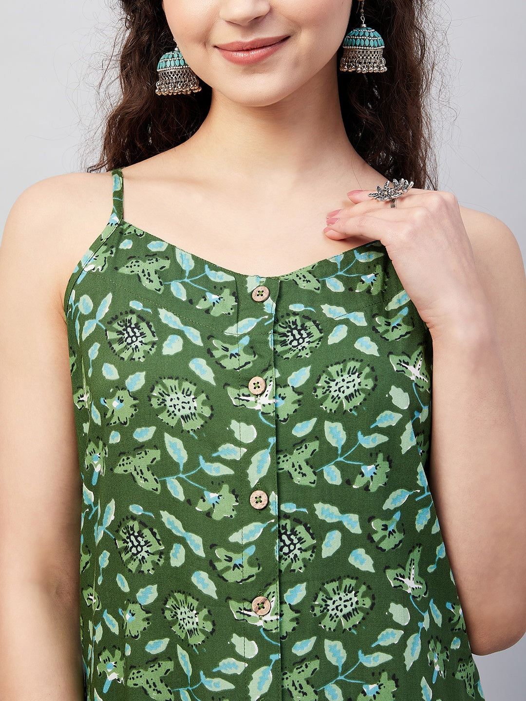 InWeave Women's Green Bagh Print Spaghetti Kurta Zig Zag Palazzo Set - Swadesiicart