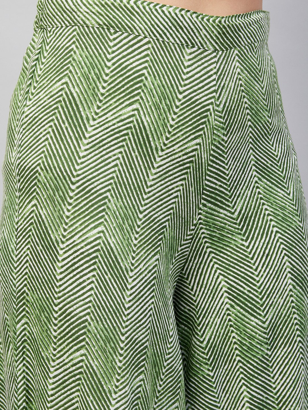 InWeave Women's Green Bagh Print Spaghetti Kurta Zig Zag Palazzo Set - Swadesiicart