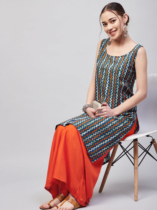 InWeave Women's Blue Orange Zig Zag Straight Orange Palazzo Set - Swadesiicart