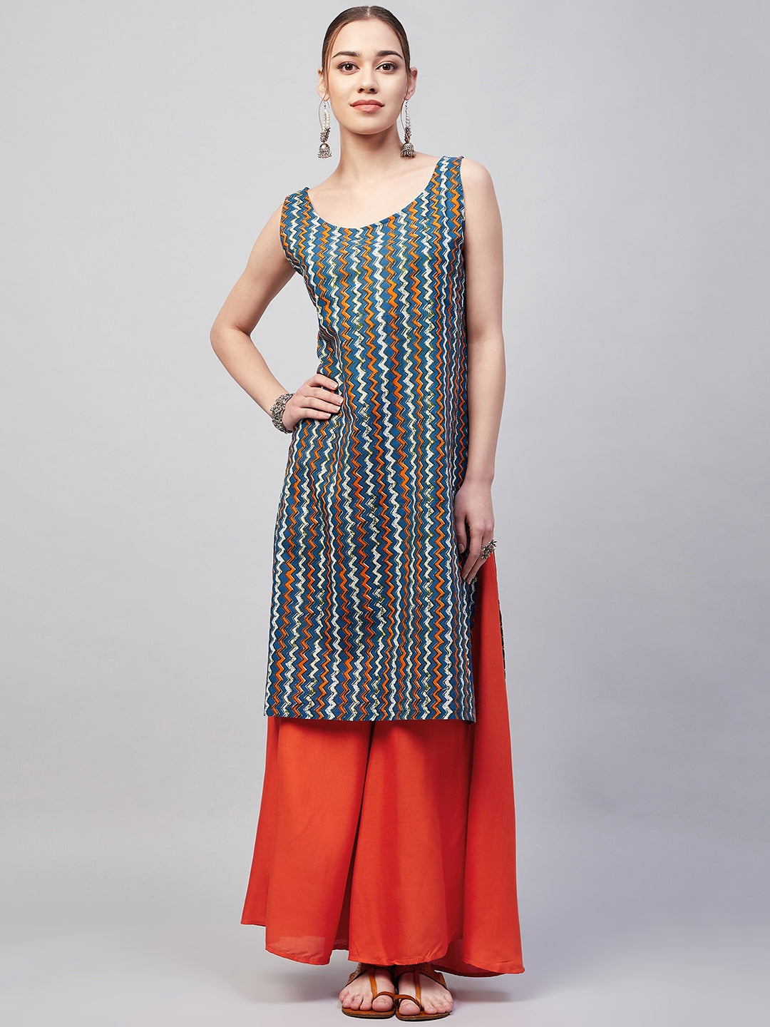 InWeave Women's Blue Orange Zig Zag Straight Orange Palazzo Set - Swadesiicart