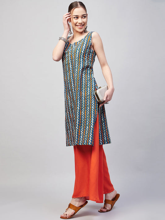 InWeave Women's Blue Orange Zig Zag Straight Orange Palazzo Set - Swadesiicart