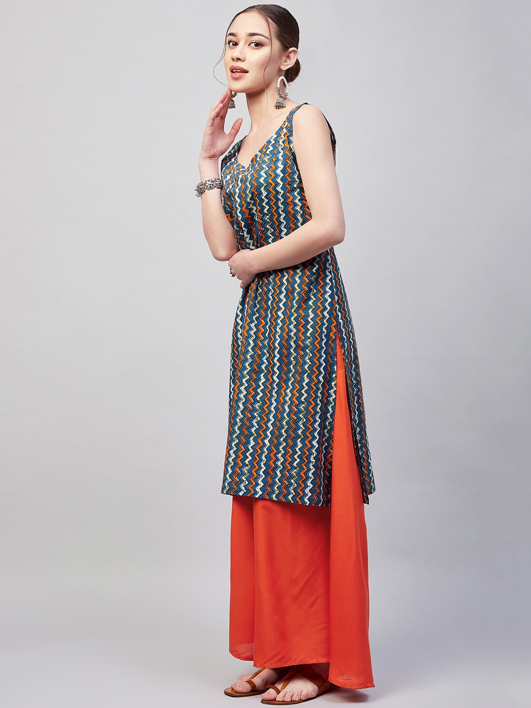 InWeave Women's Blue Orange Zig Zag Straight Orange Palazzo Set - Swadesiicart