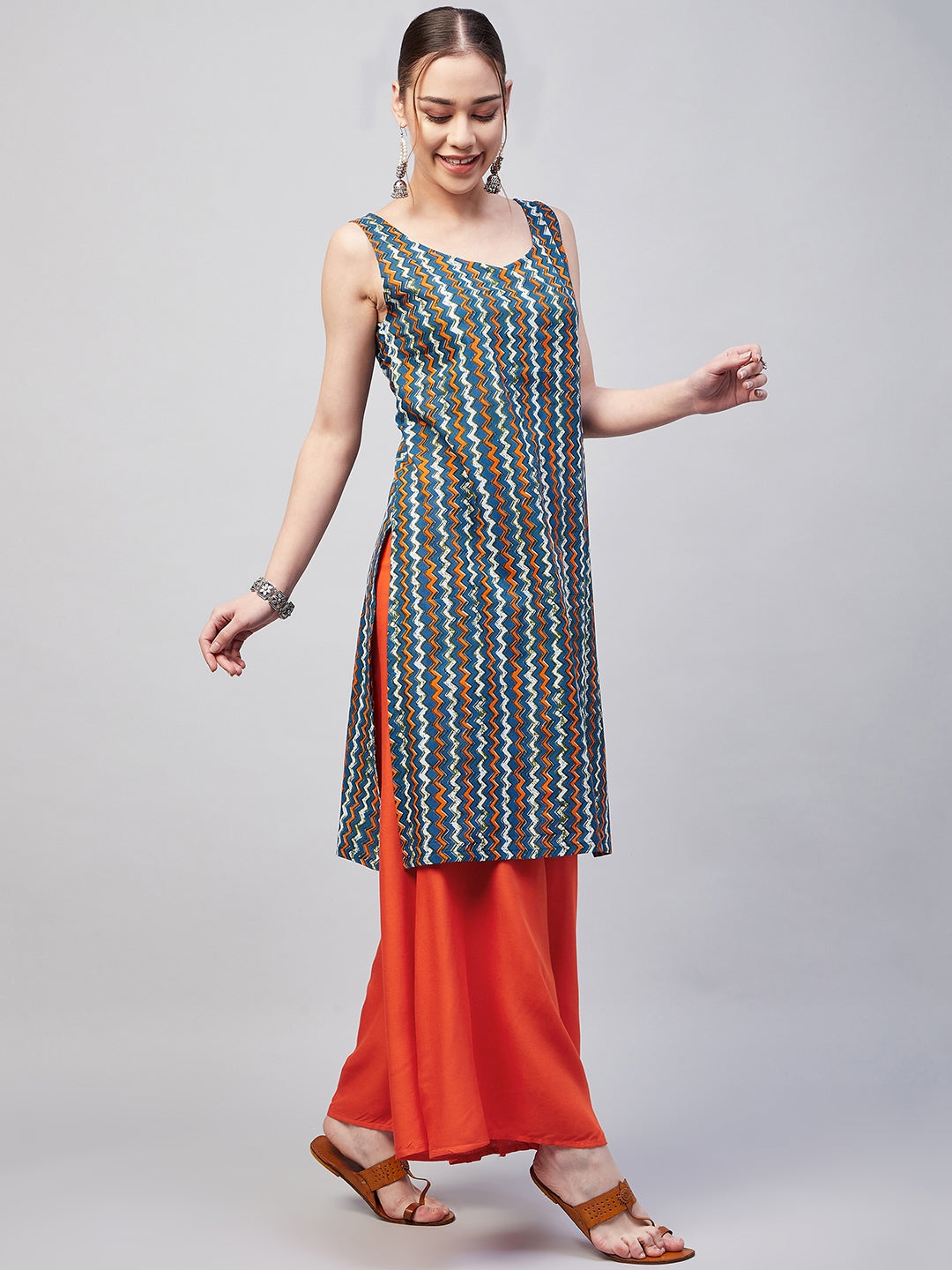 InWeave Women's Blue Orange Zig Zag Straight Orange Palazzo Set - Swadesiicart