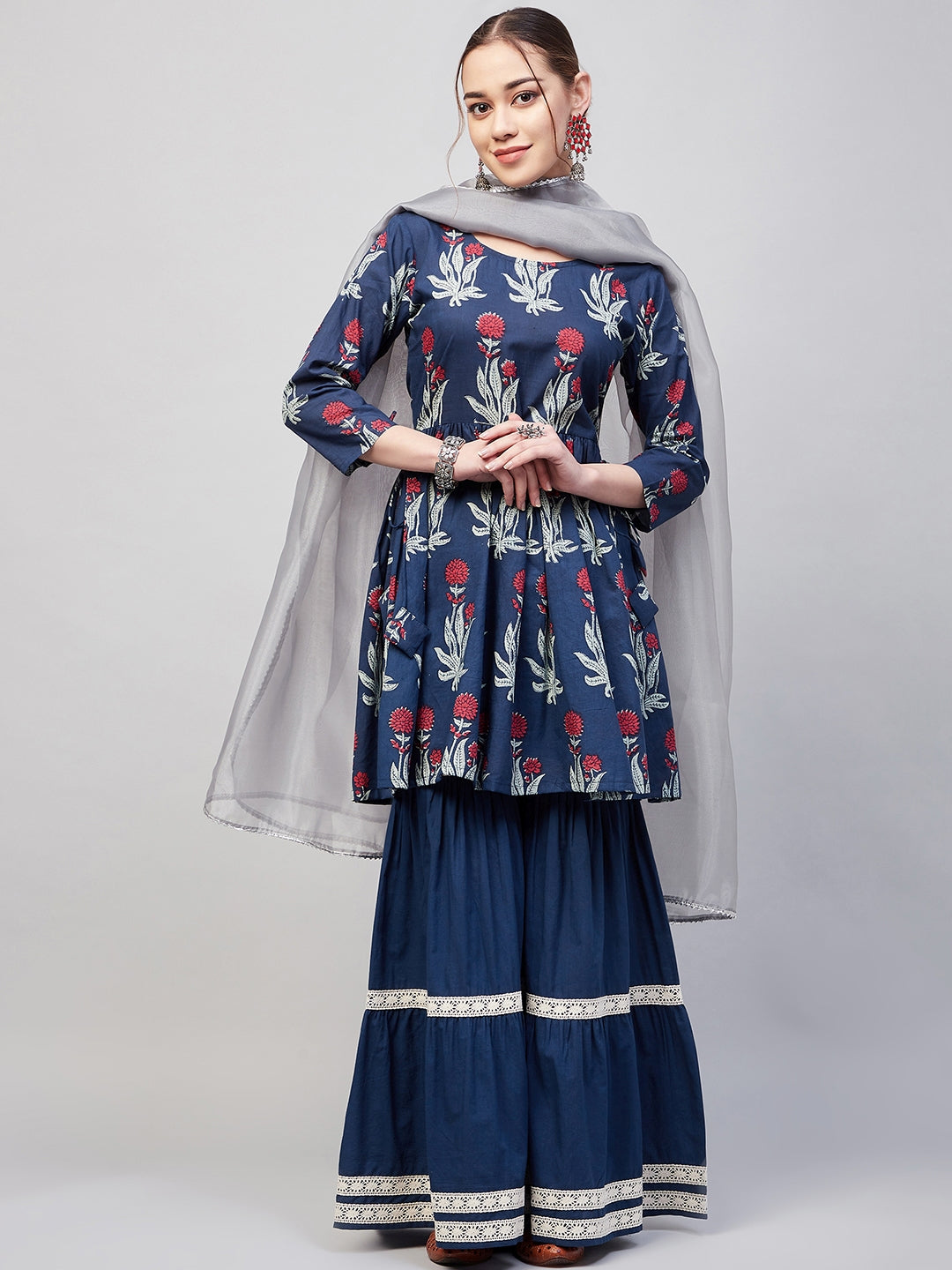 InWeave Women's Indigo Boota Sharara Set With Grey Or Dupatta - Swadesiicart