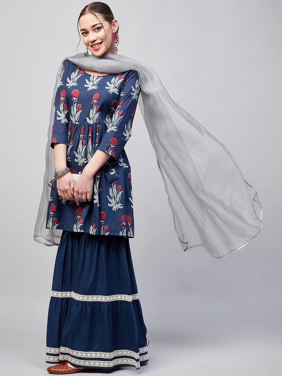InWeave Women's Indigo Boota Sharara Set With Grey Or Dupatta - Swadesiicart