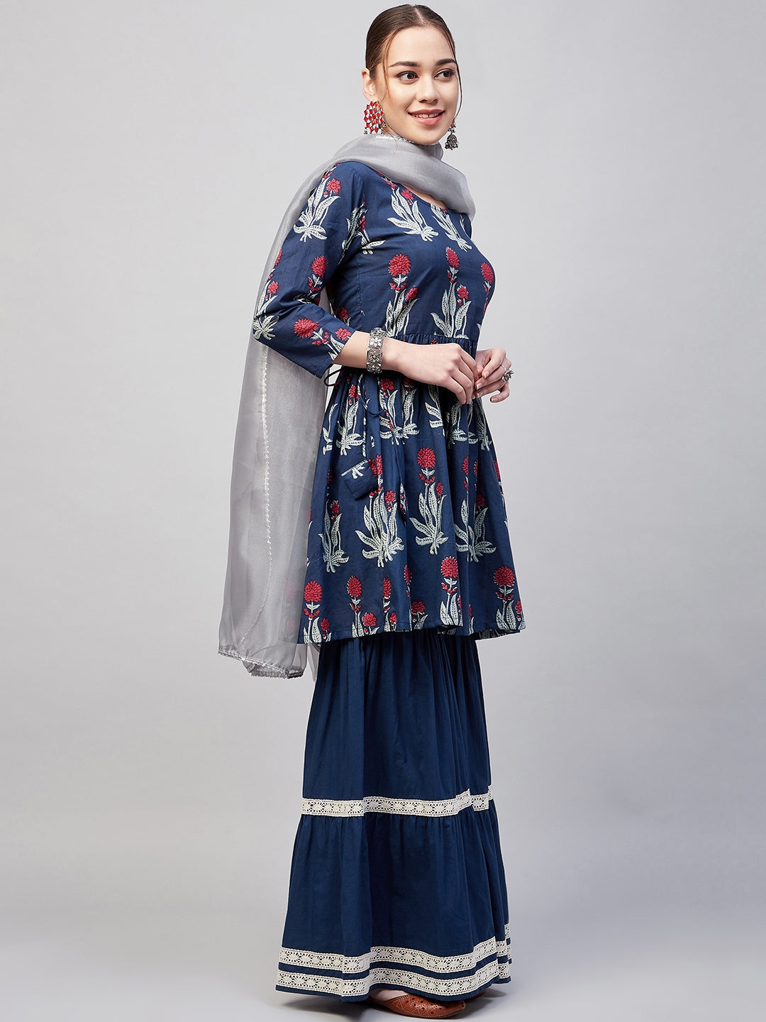 InWeave Women's Indigo Boota Sharara Set With Grey Or Dupatta - Swadesiicart