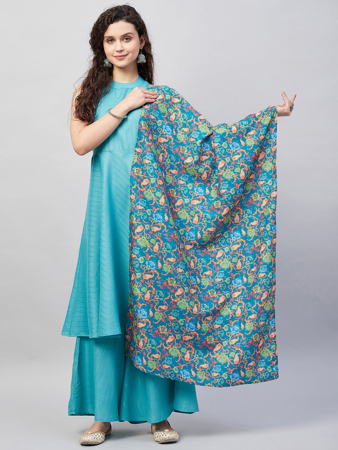 InWeave Women's Teal Lurex Boho Kurta Set W Teal Camelia Cr Dupatta - Swadesiicart