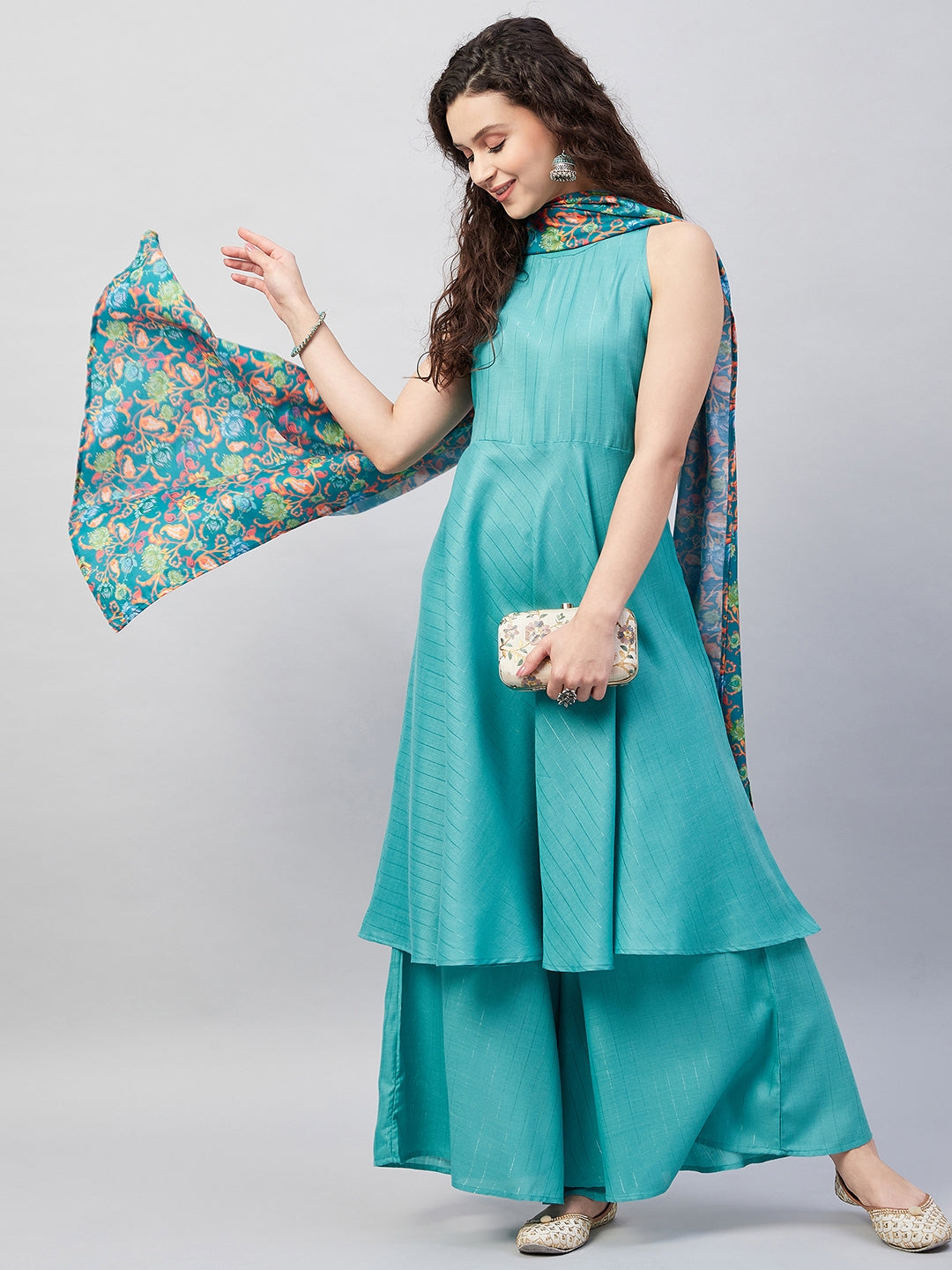 InWeave Women's Teal Lurex Boho Kurta Set W Teal Camelia Cr Dupatta - Swadesiicart