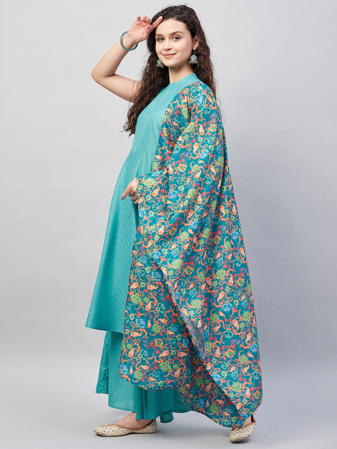 InWeave Women's Teal Lurex Boho Kurta Set W Teal Camelia Cr Dupatta - Swadesiicart