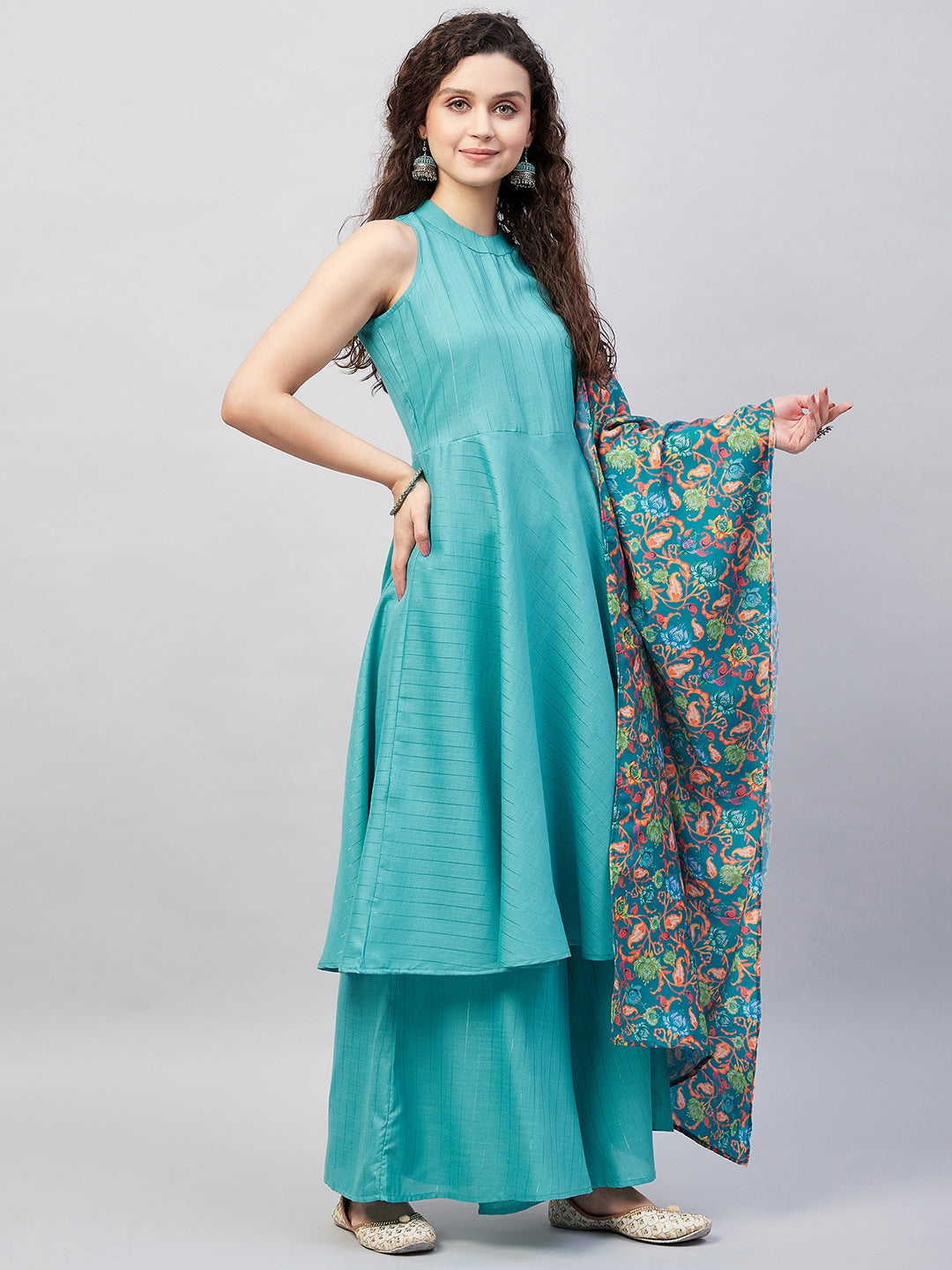 InWeave Women's Teal Lurex Boho Kurta Set W Teal Camelia Cr Dupatta - Swadesiicart