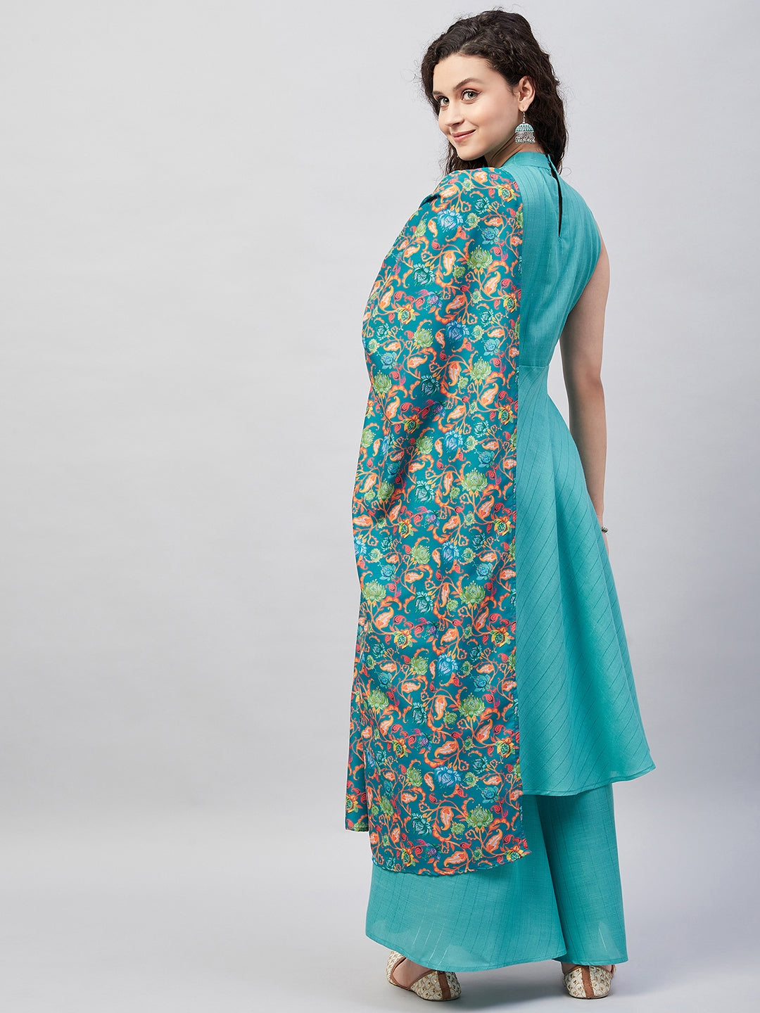 InWeave Women's Teal Lurex Boho Kurta Set W Teal Camelia Cr Dupatta - Swadesiicart